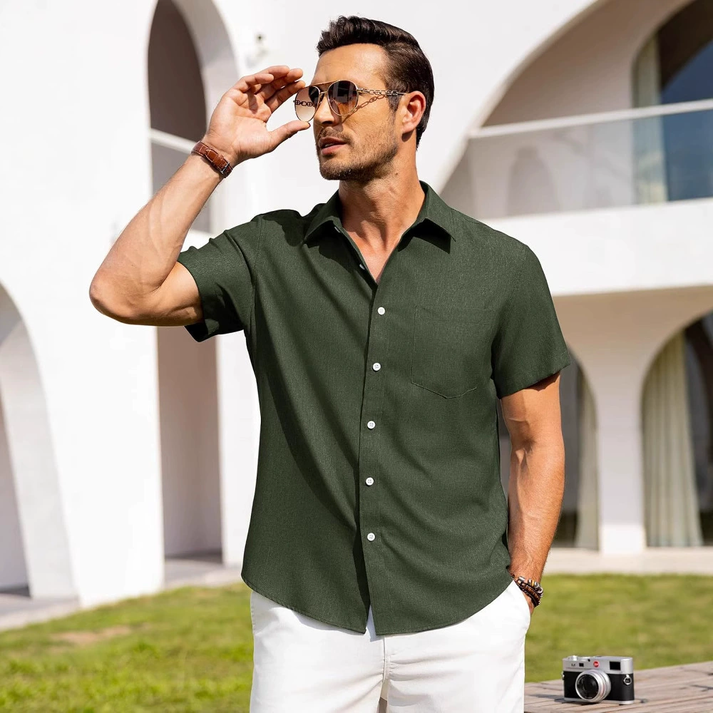 Рубашка мужская льняная от Alimens & Gentle с коротким рукавом, button-down, без складок, для отдыха на пляже летом