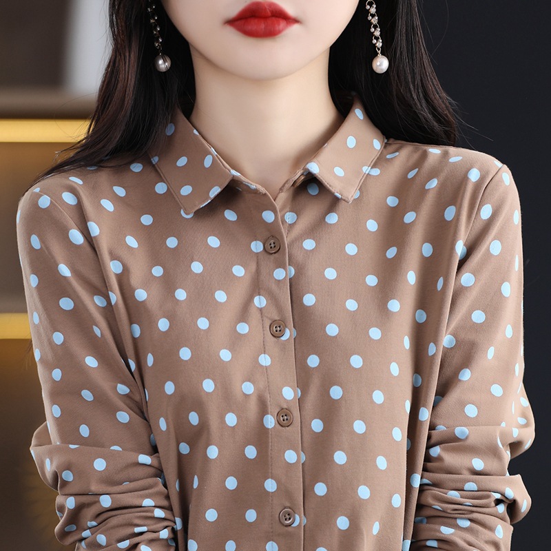 25春秋款女士印花衬衫棉波点翻领衬衣小众外穿休闲女开衫2025新款