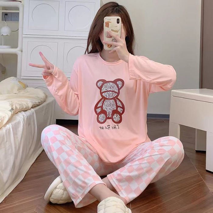 春秋の新型丸首のミルクの糸の長袖の甘くてかわいい漫画のカジュアルなパジャマの女性の家の服は外に着ることができます。|undefined