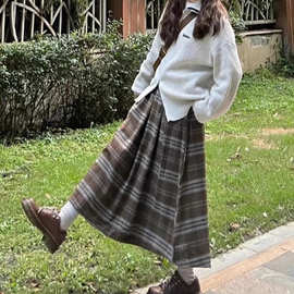 复古格子高腰a字毛呢半身裙秋冬大码小个子显瘦气质淑女装学院风