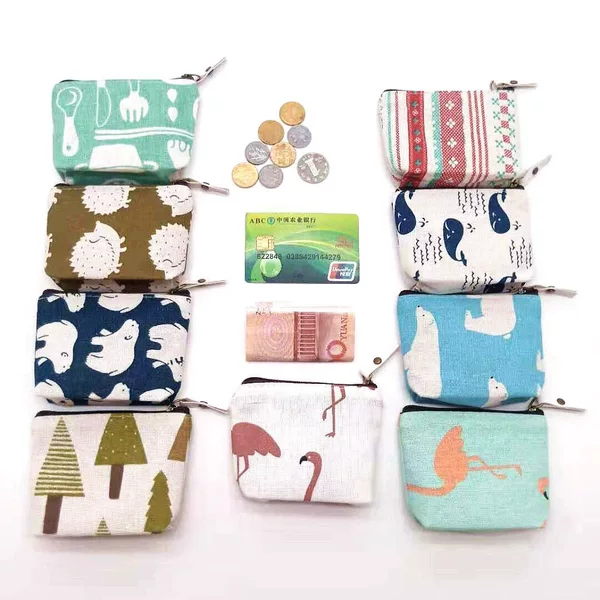 Cotton and Linen Coin Purse with Vertical Double Opening|Dust-Proof Storage Bag|Divided Makeup Bag