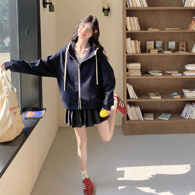 实拍撞色拼接连帽卫衣外套女2025春季新款学院风宽松休闲开衫上衣|undefined