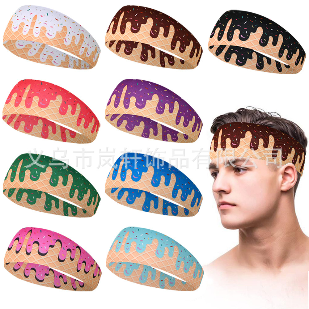 New Ice Cream Pattern Printed Hairband Sports Headband Women Hairband Sweat-Absorbent Antiperspirant Band Men Wide Edge Yoga Hair