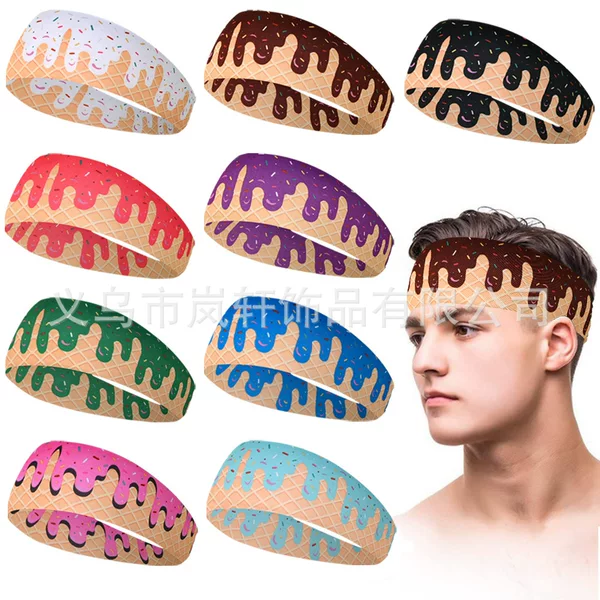 New Ice Cream Pattern Printed Hairband Sports Headband Women Hairband Sweat-Absorbent Antiperspirant Band Men Wide Edge Yoga Hair
