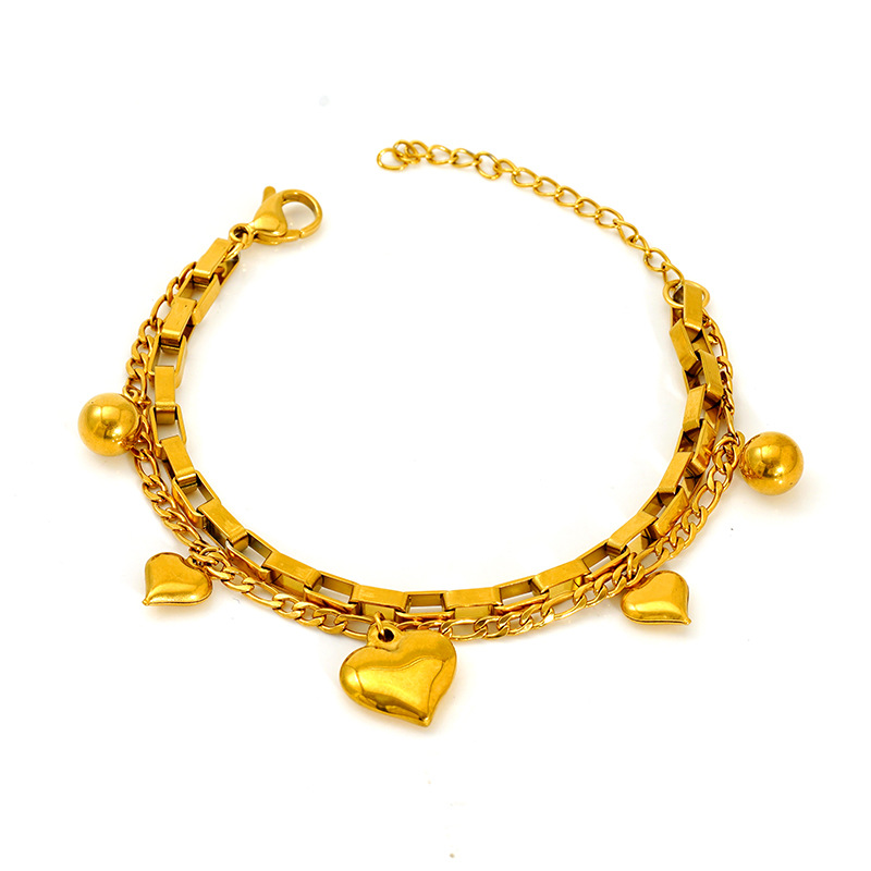 Estilo de moda europeo y americano amor doble pulsera de oro laminada de acero inoxidable chapado en oro doble pulsera no desvanecida joyas de mujer