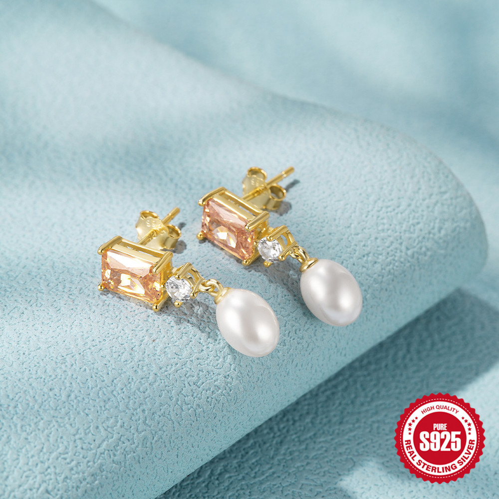 Women's Gender 1 Pair 925 Sterling Silver Zircon Geometric Color Block Drop Earrings