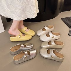 スイートガールかわいいシルバーつま先ハーフスリッパ女性用 2025 夏の新しいスタイルのヒールレスメリージェーンシューズシンプルで多用途の女性の靴