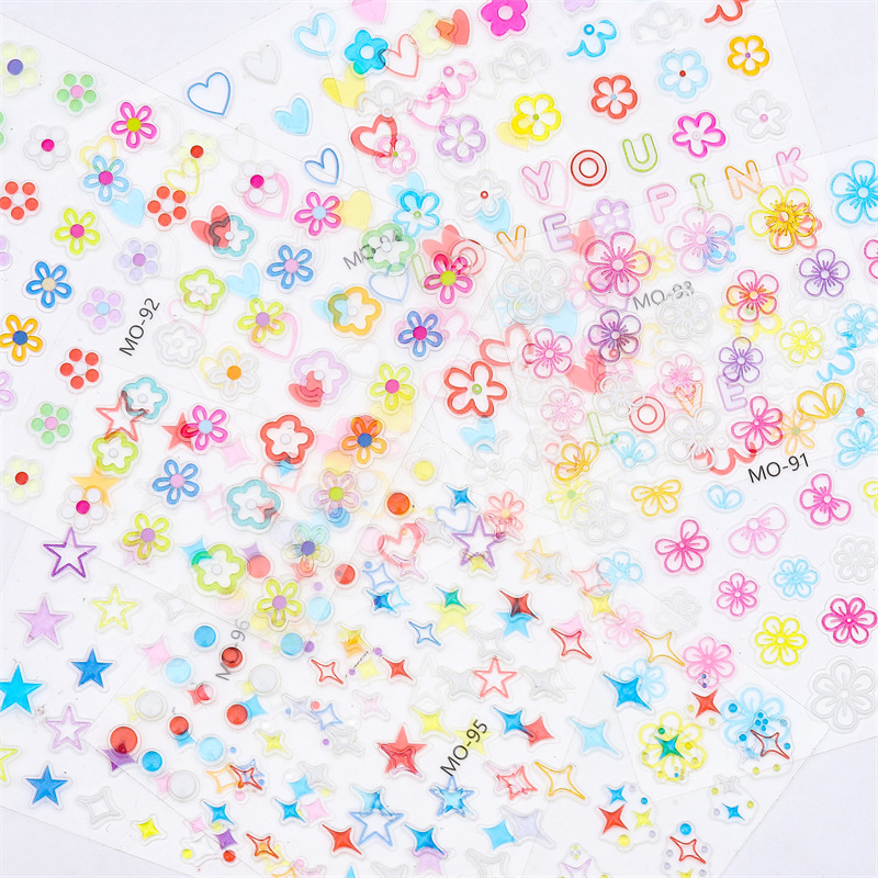 Nueva artesanía uñas arte tridimensional jalea alivio pegatinas dopamina flor estrella amor 3D impermeable uñas pegatinas