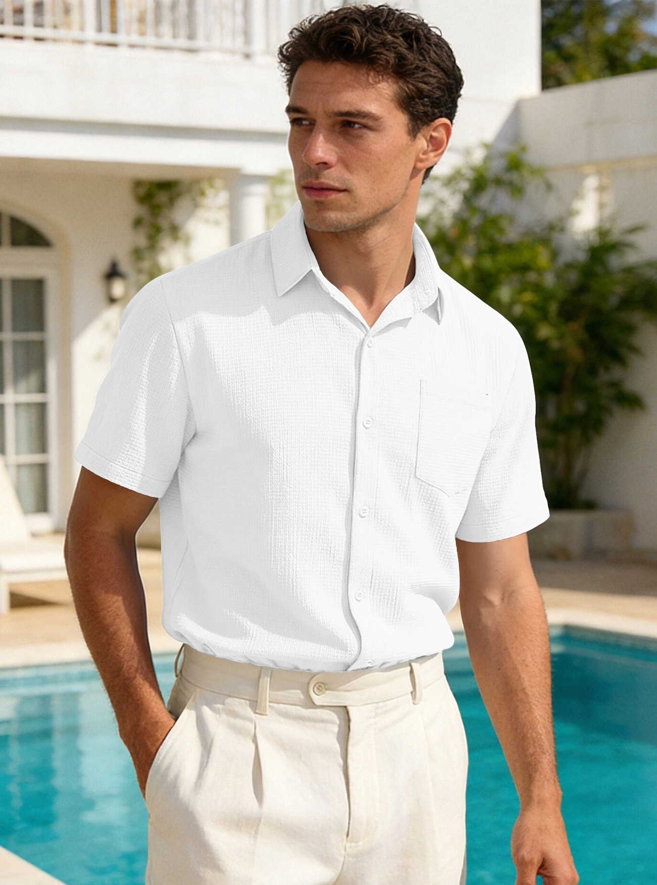 Herren Sommer Freizeithemd Einfarbig Mit Tasche Und Kragen_voghion.com