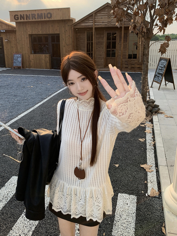 2025年南韩T恤秋季刺绣蕾丝花边长袖宽松气质显瘦百搭T恤上衣女|undefined