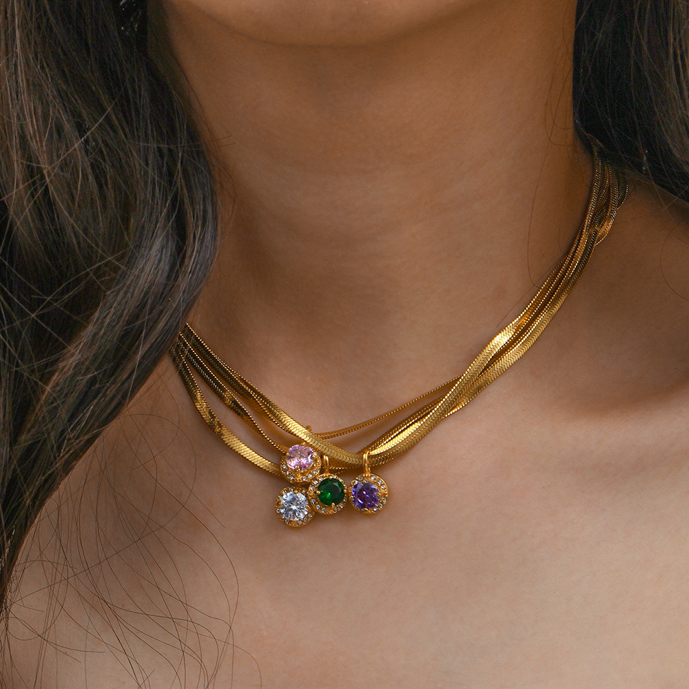 Retro Round Stainless Steel Necklace Inlay Zircon Stainless Steel Necklaces_colorza_8