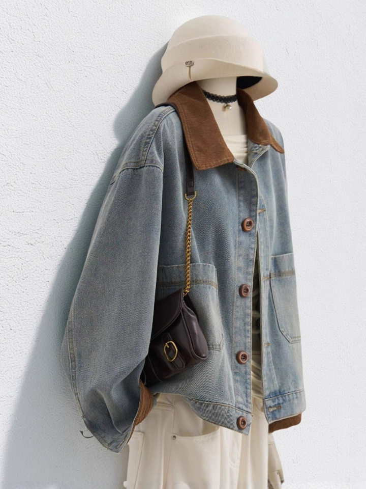 Áo khoác denim ngắn nữ dáng ôm, tay dài, cổ áo màu tương phản, phong cách Hàn Quốc — màu xanh denim