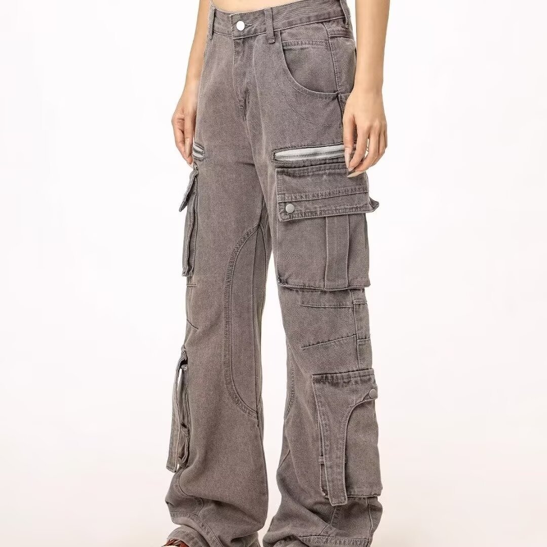 Men's Clothing High Street Streetwear Heavy Duty Cargo Jeans With Multi-Pockets & Zipper Design - Stylish Casual Work Pants In Grey (Sizes M-3XL)_mkmklike.com