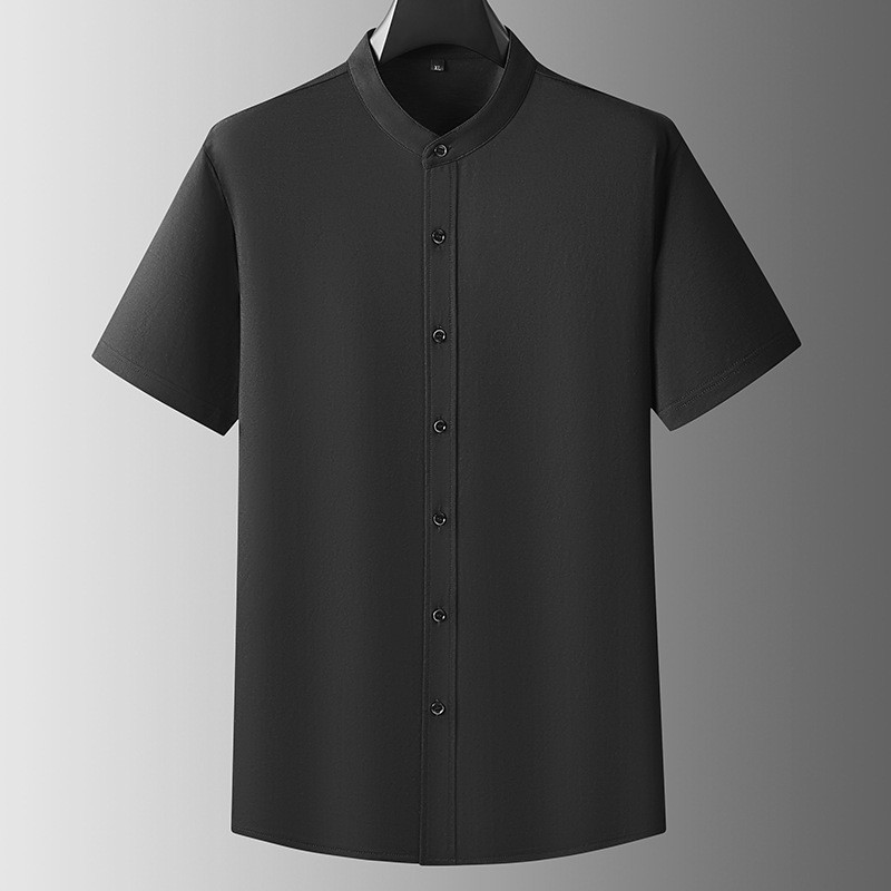 纯色百搭小立领短袖衬衫男士大码肥佬中国风夏装纯色半袖棉质衬衣