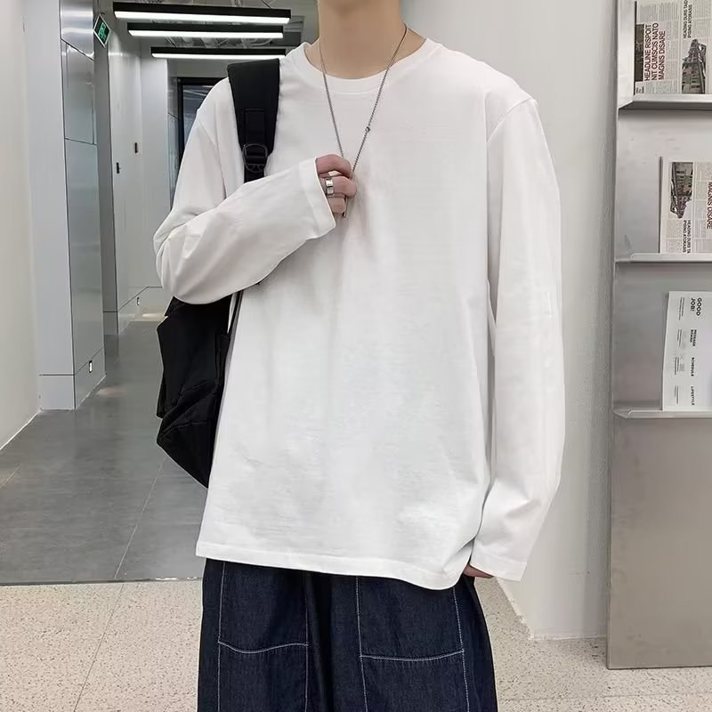 Solid white Japanese long-sleeve with a round collar