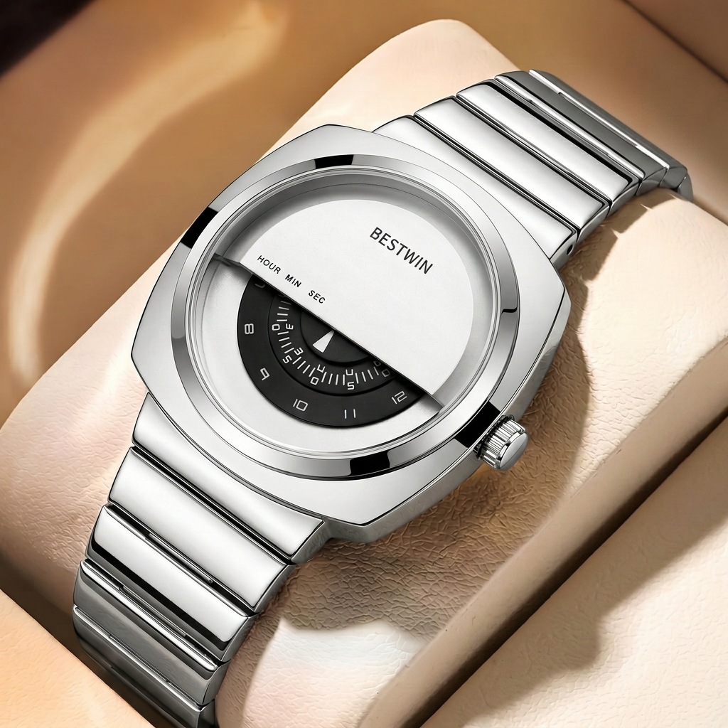 BESTWIN 남성 패션 손목시계 42mm 스테인리스 밴드 30M 방수 쿼츠시계 219-1