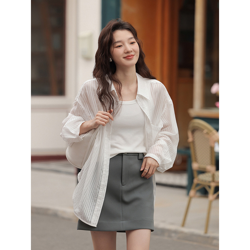 Lightweight Texture Tencel Striped White Sunscreen Shirt Women's Summer Thin Loose Breathable Outer Tops Jacket