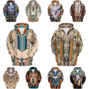 Amazon new foreign trade popular Indian ethnic elements 3D sweater printed sweater co hoodie zipper
