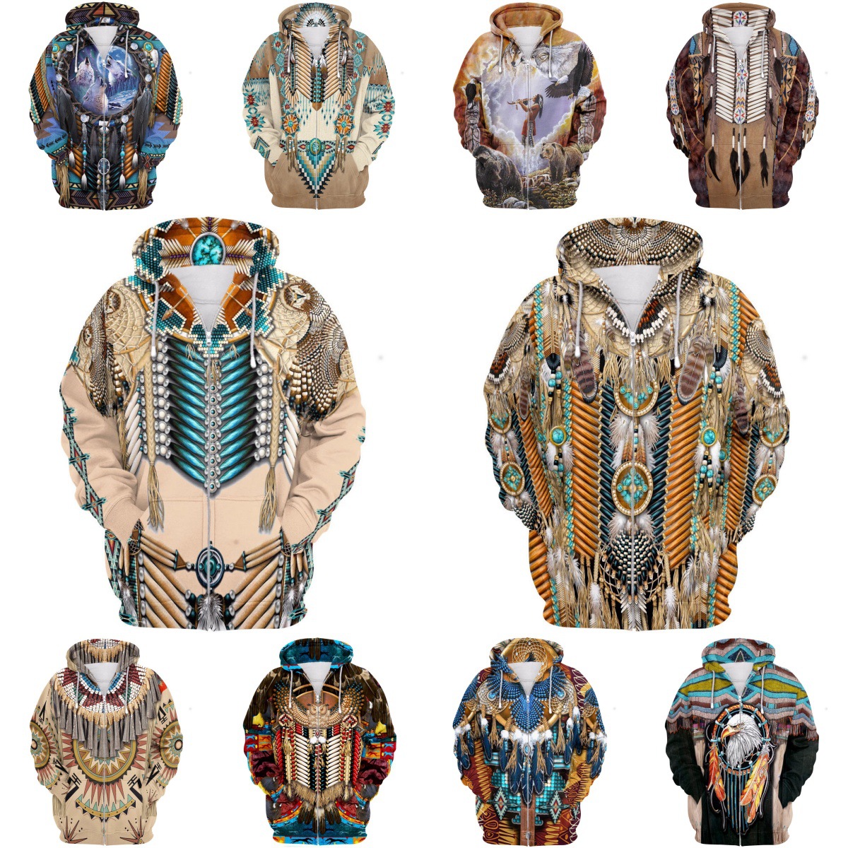 Amazon's newest export best-selling 3D printed hoodie with Native American ethnic elements, featuring a zip-up design.