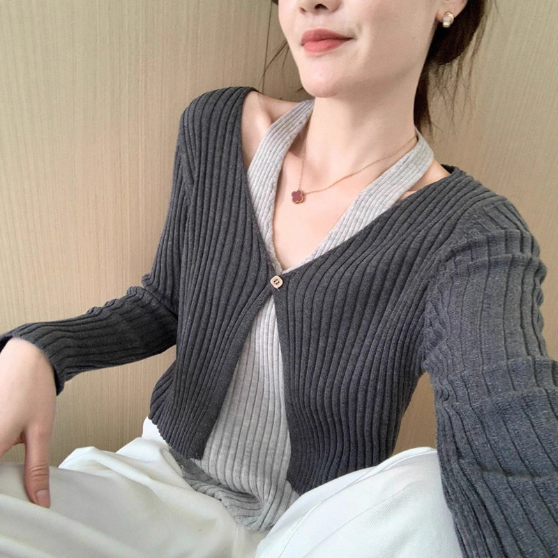 设计感小众挂脖开衫假两件2025秋季新款韩版免穿搭叠穿上衣长袖女|undefined