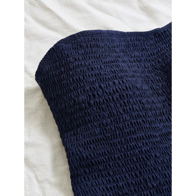 D 85074 comercio exterior Aliexpress moda transfronteriza azul navy pliegue sin correa de hombro bordado agujero sexy