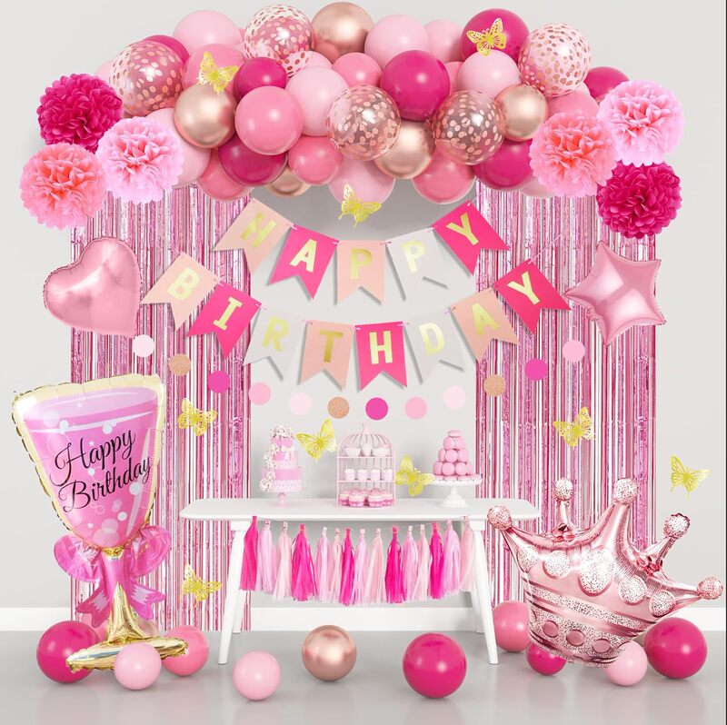 Pink Birthday Party Balloon Arch suit Golden Rose Red Balloon Happy Birthday Banner Tassel Curtain Butterfly