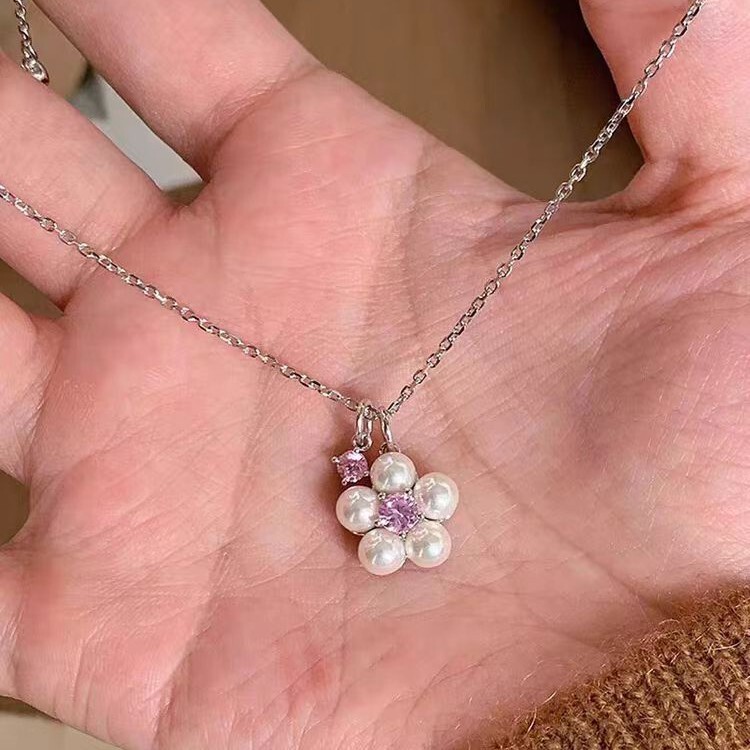 韩系爆闪珍珠花朵闪钻吊坠项链女轻奢甜美锁骨链小众秋冬项饰百搭|undefined