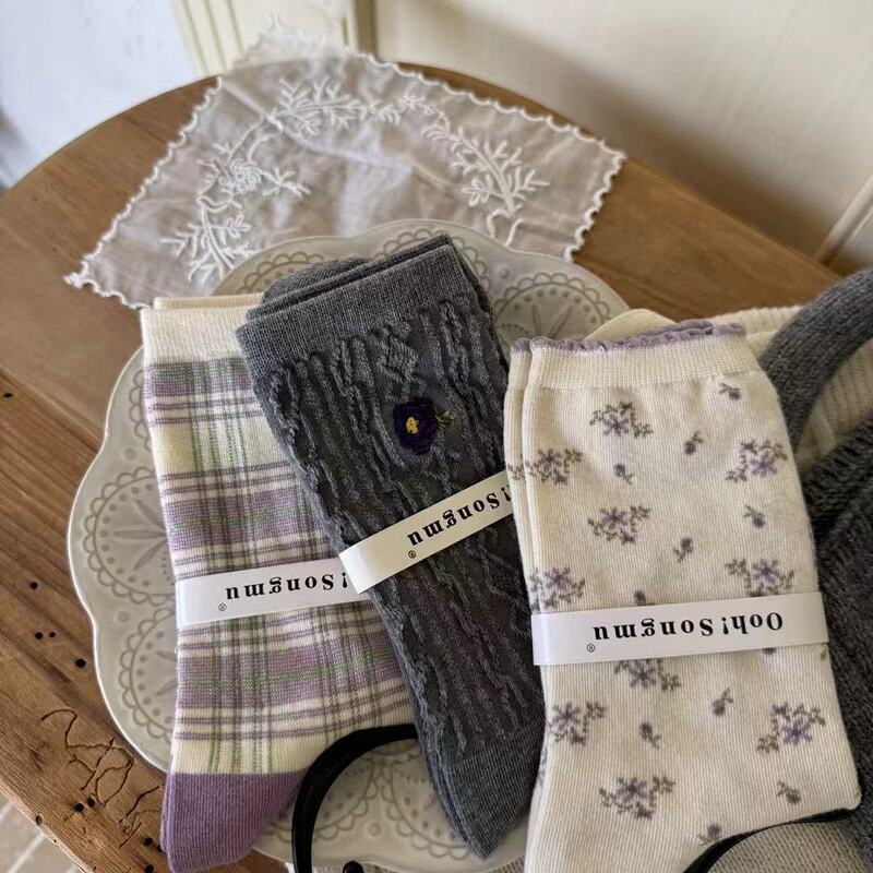 songmu“Oatmeal Gray-Purple Series Women's Socks, Ins-Style Niche Design, Mid-Calf Socks for Girls, Korean Version