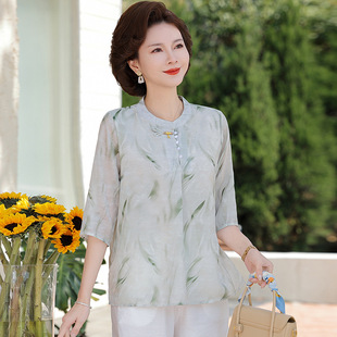 2025 new mother summer suit foreign style short sleeve T-shirt middle-aged and elderly women's clothing national style chiffon small shirt clothes