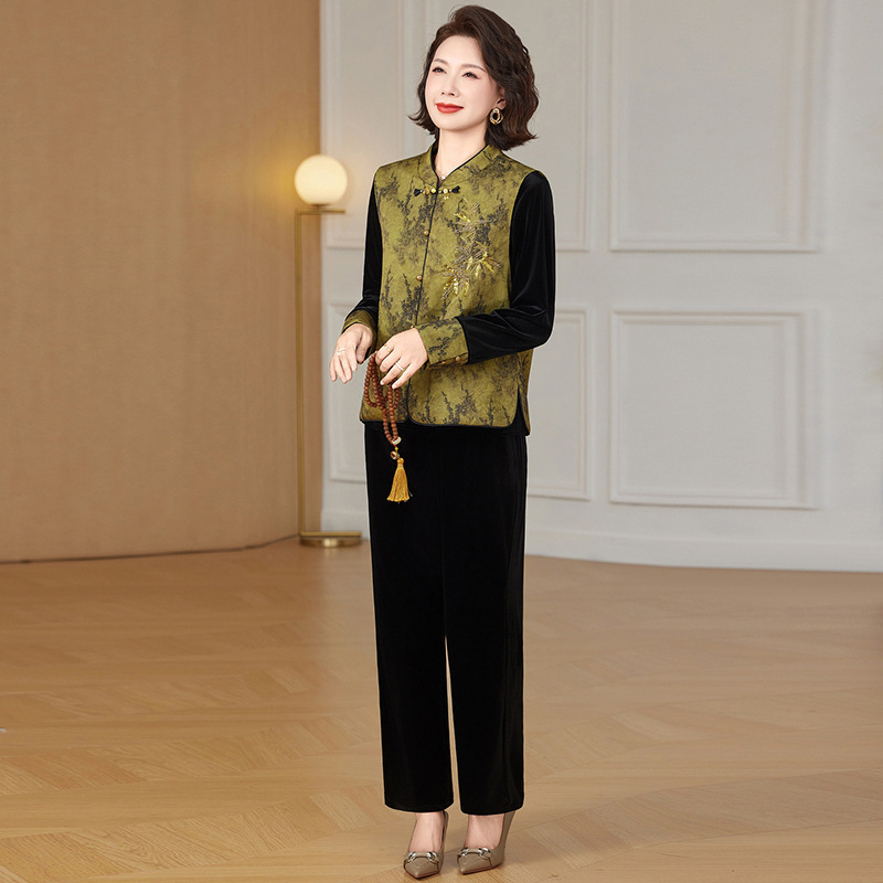 新中式妈妈秋装时尚金丝绒套装中老年女装春秋洋气国风上衣三件套|undefined