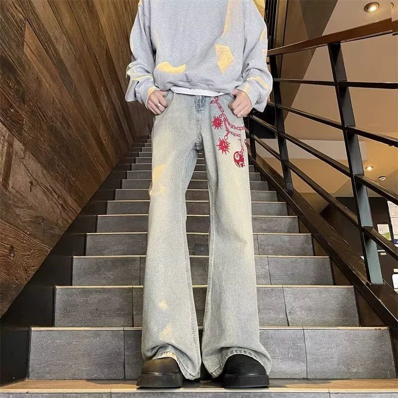 Ретро джинсы для мужчин и женщин, повседневные брюки, 2024 год, американский стиль, с вышивкой, облегающий крой