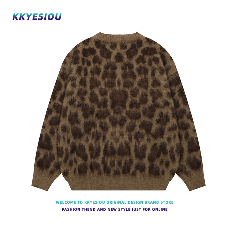 KKYESIOU 미국 레트로 레오파드 디자인 니트 카디건 남녀 틈새 게으른 하이 엔드 커플 재킷