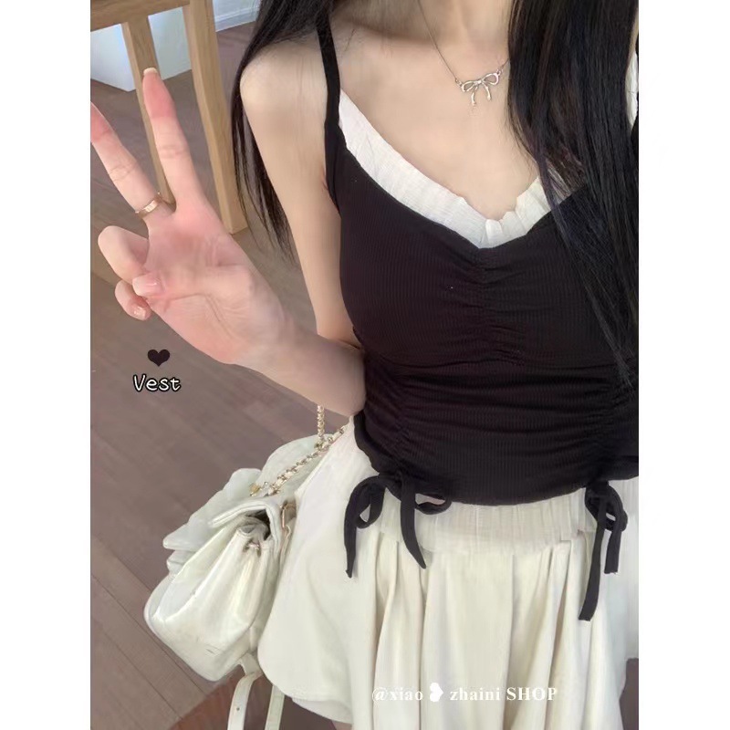 Estilo de ballet coreano chica con almohadilla en el pecho anudada oreja de madera deseo puro sexy chica caliente desgaste interior desgaste exterior camisola mujeres