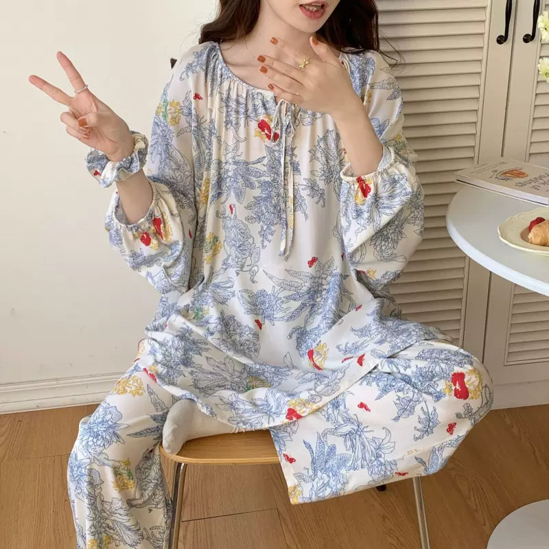 秋季薄款长袖睡衣棉绸甜美可爱睡裙舒适小众设计感百搭家居服批发