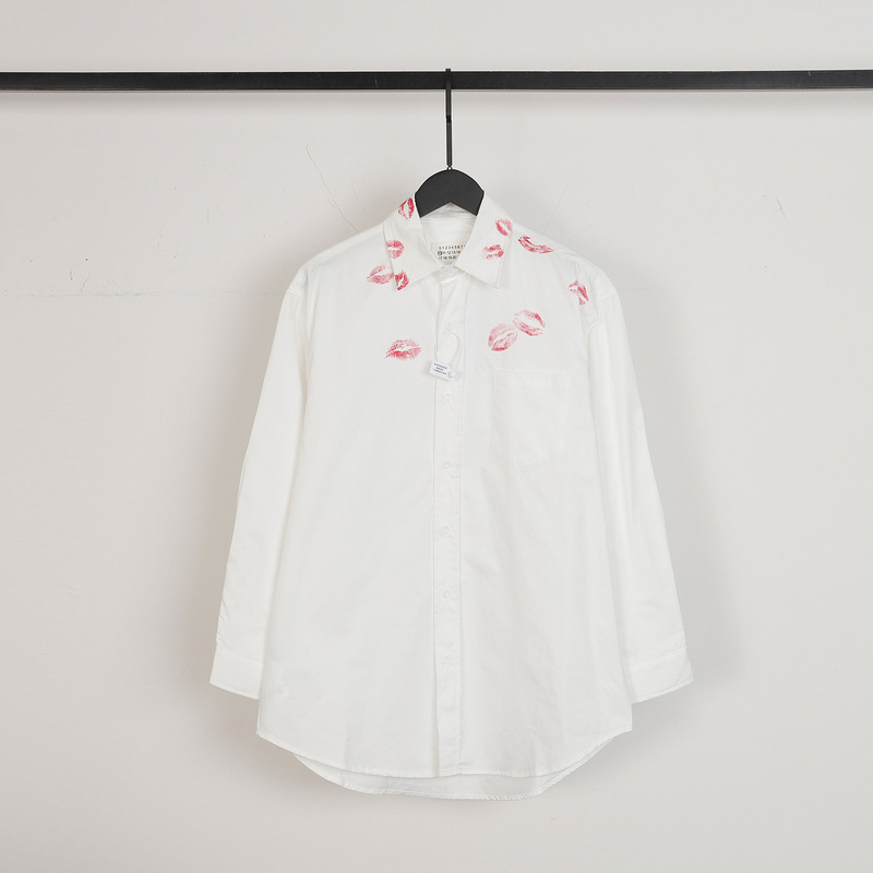 European and American Fashion Brand Maison Margiela Margiela MM6 Lips Lipstick Printed Pure White Long Sleeve Shirt for Men and Women