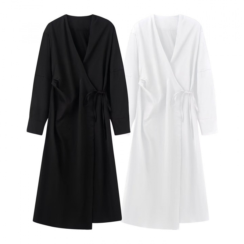 Cross-Border Foreign Trade Wholesale 2025 Autumn European and American Women's Clothing V-Neck Long-Sleeve Kimono-Style Tie Shirt-Style Long Dress