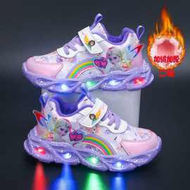 带灯女童鞋子2023春秋款透气网面防水皮面女童运动鞋小女孩公主鞋
