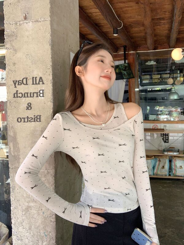 秋装假两件蝴蝶结波点印花设计感内搭长袖T恤女2025修身内搭上衣|undefined