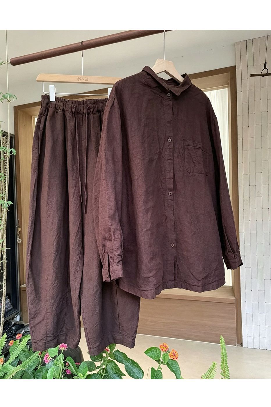 Retro Vintage Style Women's Linen Two Piece Suit High End Cotton And Linen Brown Shirt Casual Pants Spring Relaxed Fashionable_ecoleips.com