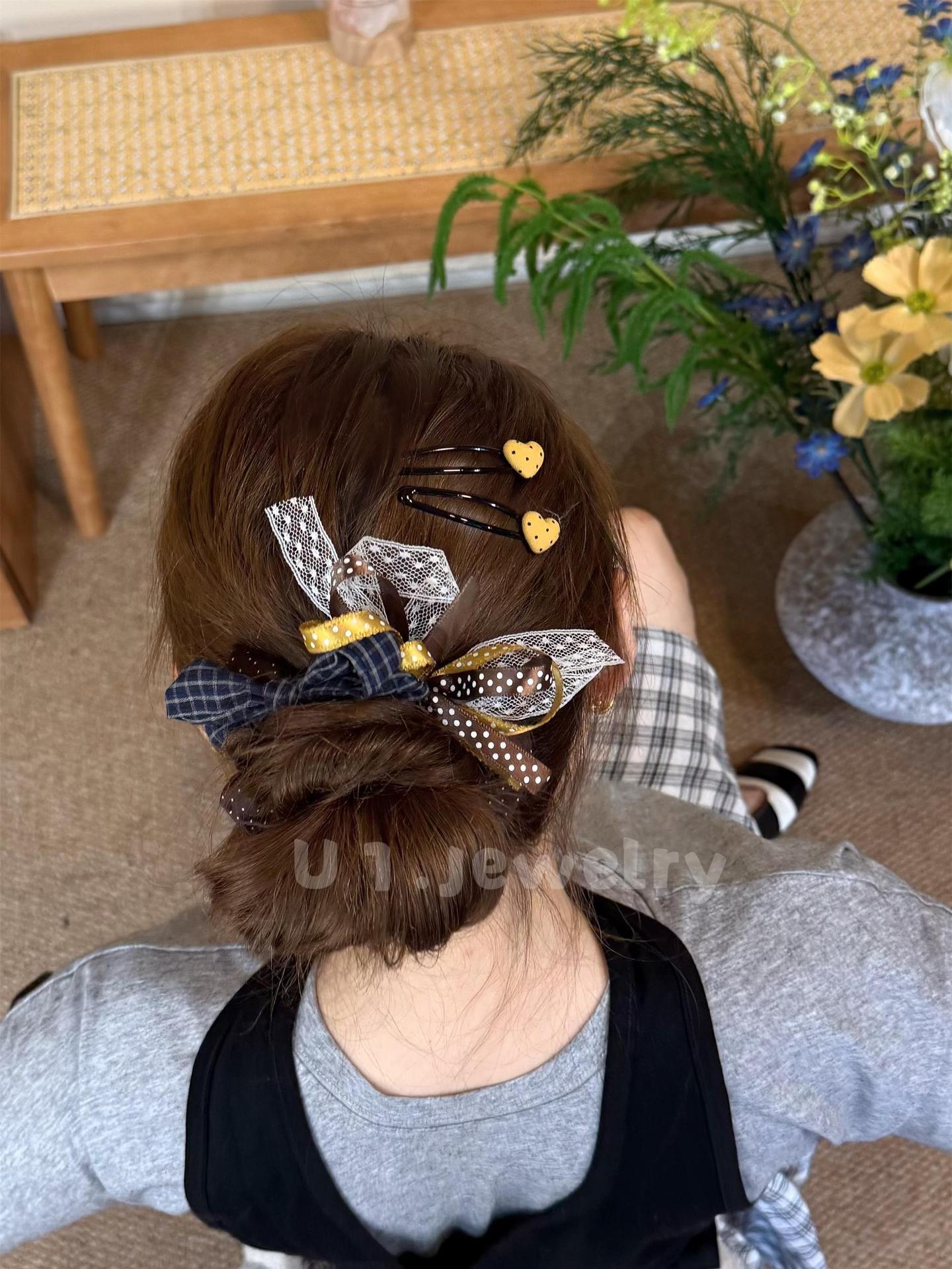 Youyijia stylish and unique double-layer bow hair tie, colorful polka dot plaid, girl's ponytail hair accessory