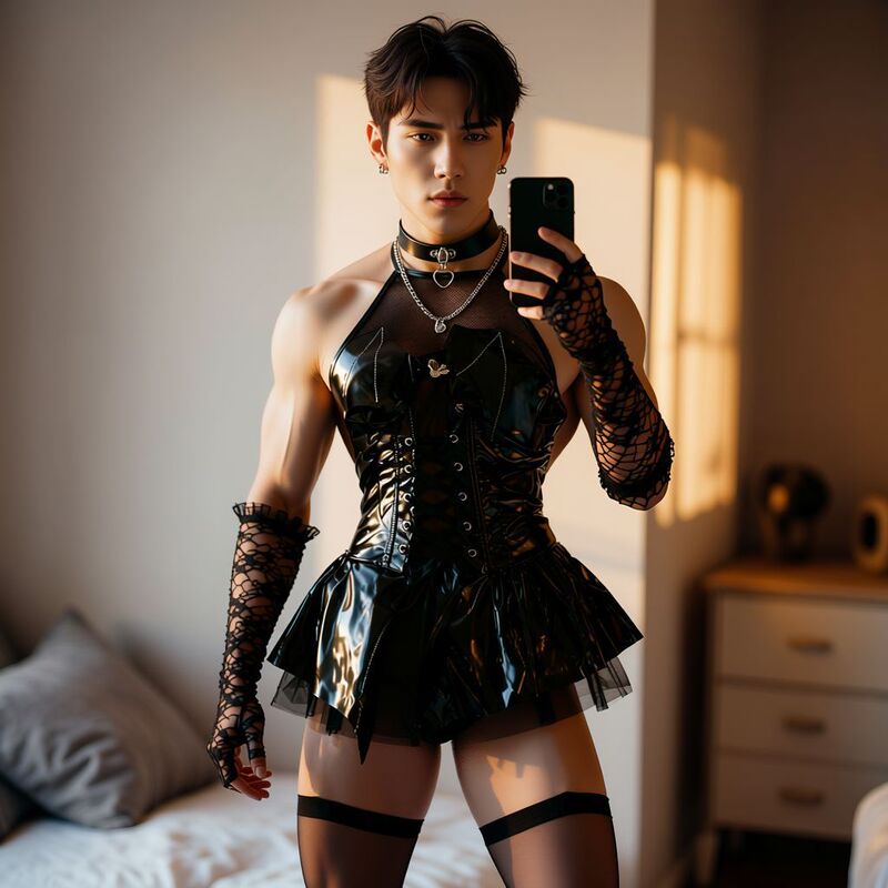 Plus-Size Male Erotic Little Devil Sexy Shiny Pu Halter Strap Sheer Short Skirt Set Cos Uniform Male Style Cross-Dresser