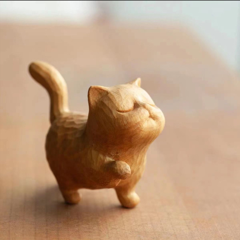可爱小猫送女友童趣猫系列檀木简约实木雕刻手把生日礼物猫咪摆件|undefined