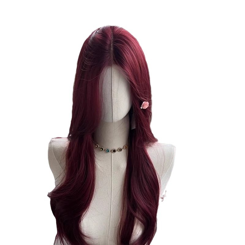 Parrucca ondulata grande in pizzo rosso Connie Rose per donna con frangia piccola e parte centrale, parrucca lunga riccia a testa piena