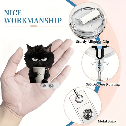 New acrylic flat-facing tea cup cat badge clip, ID clip, retractable easy-to-pull buckle
