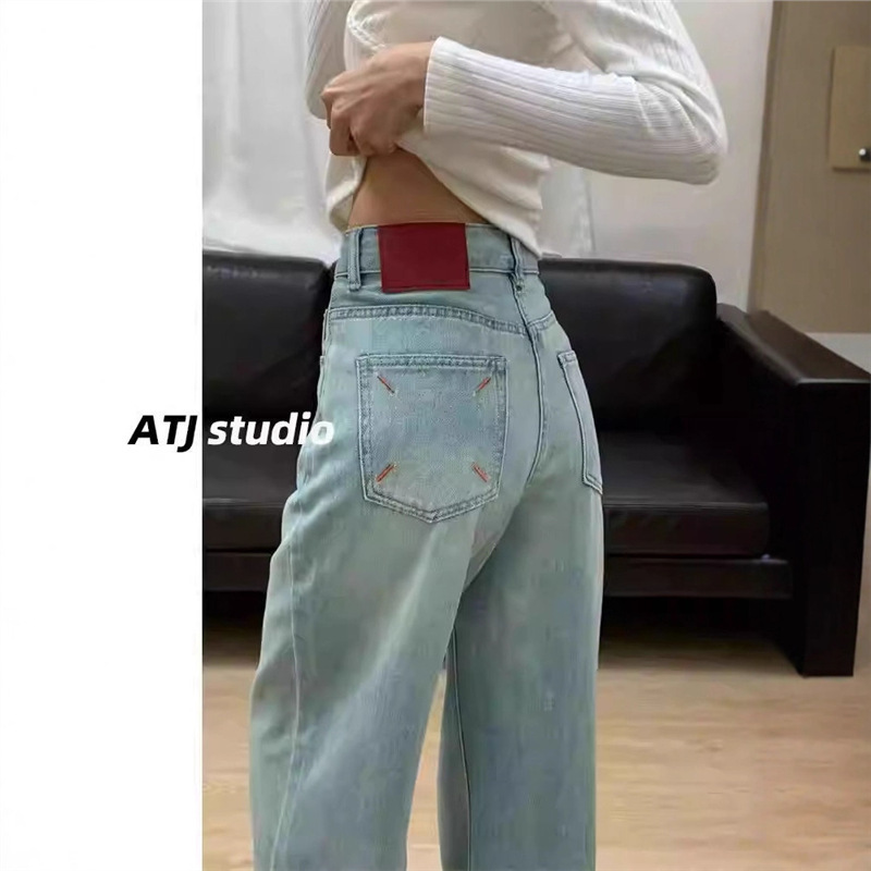 Narrow Straight-Leg Jeans for Women Margiela Contrasting Color Embroider High-Waisted Soft Denim 2025 Spring and Autum New Pants