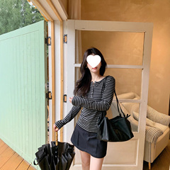 Berry 喜你而欢大庞风格 修身显瘦弹力条纹上衣女圆领百搭长袖T恤