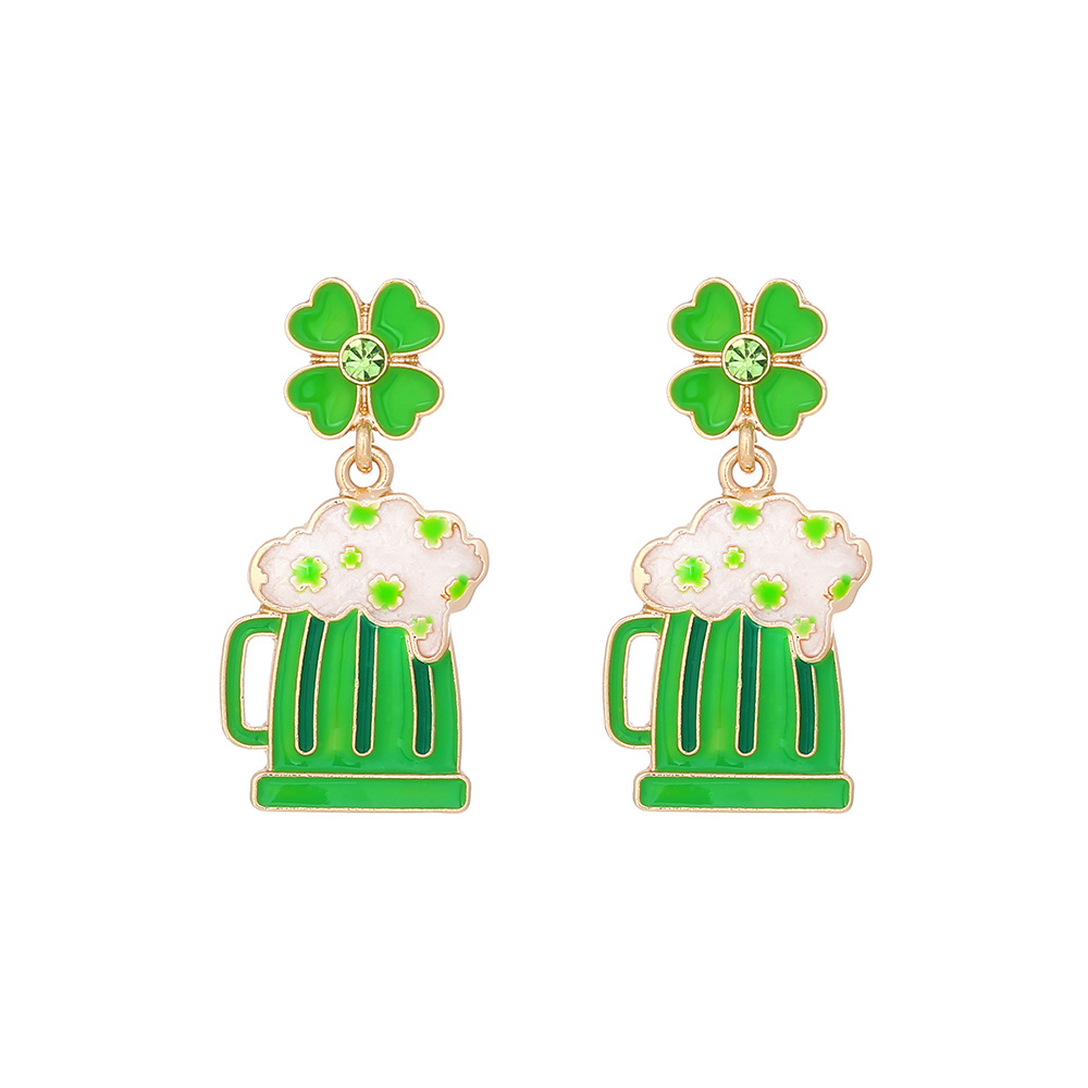 St Patrick Green element enamel lucky four-leaf clover beer glass inlaid rhinestone party pendant female earrings
