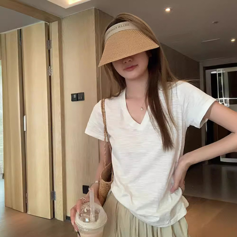 Summer New Style Slub Cotton V-neck White Short-sleeved T-shirt Women's Korean-style All-match Thin Slimming Loose Casual Top Trendy