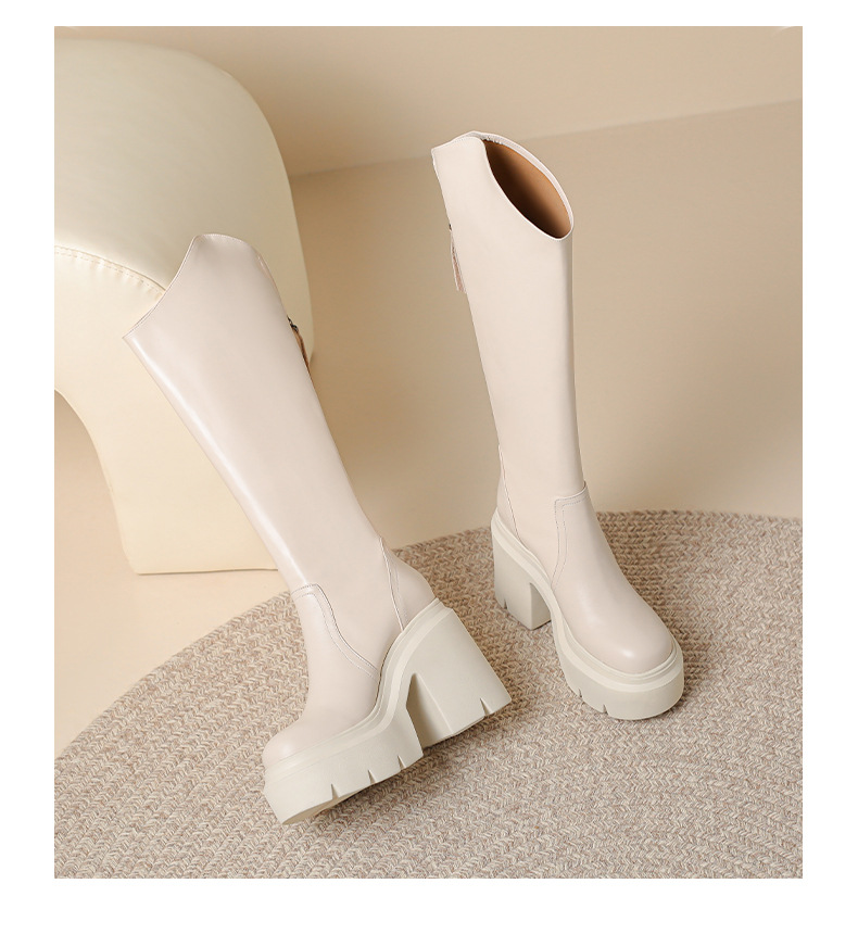 Boot nữ cổ cao da thật đế dày 12 cm gót vuông phong cách Anh quốc kéo khóa sau — Lót nhung đen chi tiết 8