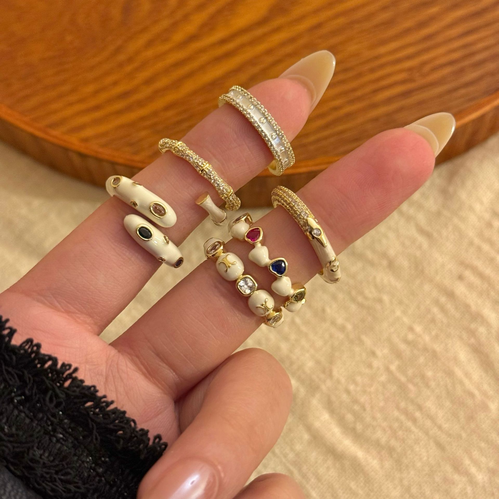 Enamel Color Glaze Drop Oil Streamline White Color Gem Love Double-layer Ring All-match Girl's Heart Fashion